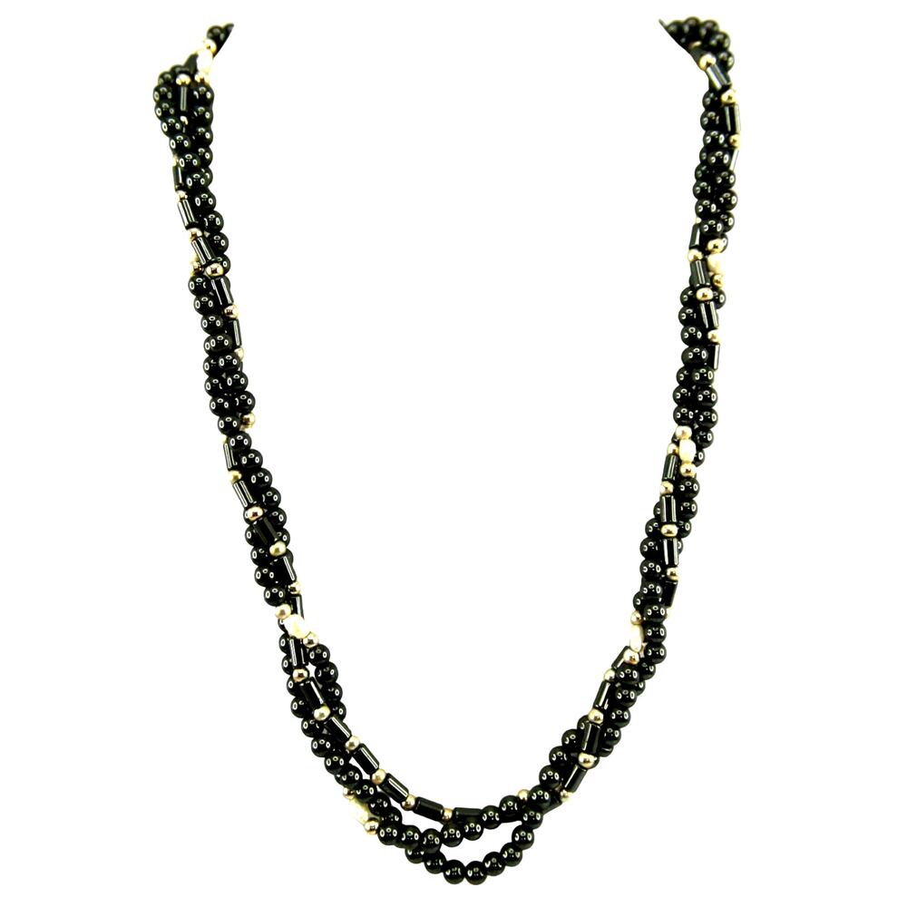 Hematite Round Long Beads Seed Pearl Silvertone 3 Strand Twisted Necklace